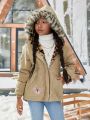 SHEIN Tween Girl 1pc Letter Graphic Patched Detail Fuzzy Trim Hooded Coat