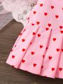SHEIN Kids CHARMNG Girls' Heart Printed Patchwork Pleated Skirt, For Toddler And Little Girls