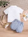 Baby Boys' Short Sleeve Button-Up Shirt + Casual Shorts 2pcs Set, Suitable For Birthday Parties, Evening Party, Wedding, And Other Special Occasions