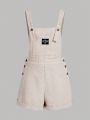 SHEIN Teenage Girls' Woven Romper With Slogan Patch Pocket And Suspenders