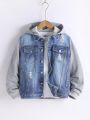 Boys' High-end Washed Denim Jacket With Design Patchwork Knit Sweater, Distressed Detail And Hoodie