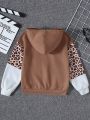 SHEIN Older Girls' Knitted Contrast Color Leopard Print Hooded Loose Sweatshirt