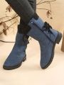 Women's Plus Size Thin Velvet Round Toe Side Zipper Knitted Cuff Low Heel Fashion Boots