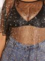 SHEIN CURVE+ Plus Size Women'S Shiny Mesh Top