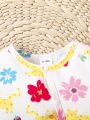 Baby Boys' Cute Flower & Cat Print Short Sleeve Jumpsuit For Daily Summer Wear