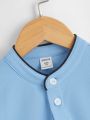 SHEIN Teen Boys' Casual Bird Printed Stand-Up Collar Short Sleeve Polo Shirt For Summer