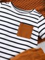 SHEIN Baby Boy's Casual Striped Fabric Pocket Top And Pants Outfit, Daily Wear, Suitable For Going Out