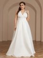SHEIN Belle Plus Size Women's Exquisite Embroidered Lace Sequin Fabric Spliced ​​Satin V-Neck Large A Hem Elegant Wedding Dress