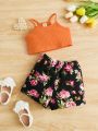 SHEIN Baby Ribbed Knit Cami Top & Floral Print Shorts