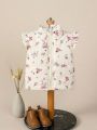 Baby Girls' Floral Print Stand Collar Zip-Up Vest Jacket With Cap Sleeves