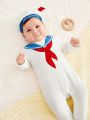 SHEIN Newborn Baby Boys' Sailor Collar Flower Printed Long Sleeve Footed Romper With Hat 2pcs/set