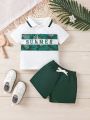 Baby Boys' Casual Letter & Leaves Printed Short Sleeve Polo Shirt And Shorts Set, Summer Daily Wear