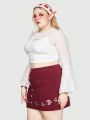 ROMWE Fairycore Plus Size Women's Solid Color Tie Strap Bell Sleeve Cropped Top