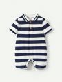 Cozy Cub Baby Boys' Casual Blue And White Striped Turn-Down Collar Romper 2pcs/Set