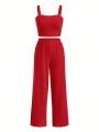 SHEIN Teen Girl Knitted Solid Color Slim Fit Tank Top With Wide Leg Casual Pants Set