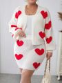 SHEIN Privé Plus Heart Pattern Drop Shoulder Duster Cardigan & Knit Skirt
