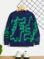 SHEIN Kids QTFun Big Boys' Casual Long Sleeve Round Neck Warm Sweater With Green Dinosaur Pattern