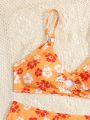 Teen Girls Floral Print Ring Linked Bikini Swimsuit