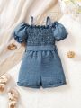 Baby Girl Elegant Basic Denim-Like Crinkled Soft Romper With Off-Shoulder Bubble Sleeves And Folded Cuffs