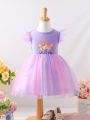 Little Girls' Cute & Romantic Animal Pattern Printed Multi-Layer Tulle Dress With Flying Sleeve