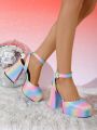 Sugerpunk Women's Rainbow Glitter Square Toe Ankle Strap Chunky High Heel Platform Shoes