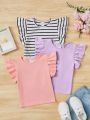 SHEIN Kids EVRYDAY Young Girls' Casual Comfortable Pure Color T-Shirt With Striped Ruffle Trim Three-Piece Set