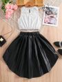 SHEIN Kids CHARMNG Big Girls' Lace Tank Top & Pu Leather Skirt Set