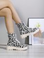 Autumn & Winter Fashionable Simple Leopard Print Women's Short Boots With Thick Soles And Buckle Strap Design