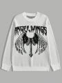 Goth Guys Letter & Angel Wing Pattern Drop Shoulder Sweater