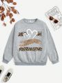 Teen Girls' Casual Leopard Print & Heart Pattern Long Sleeve Sweatshirt Suitable For Autumn And Winter