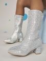 Girls Rhinestone Side Zipper Chunky Heeled Boots
