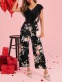 SHEIN Clasi Valentine's Day Floral Print Jumpsuit With Cape Sleeves