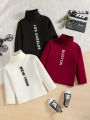 SHEIN Young Boy Comfortable & Warm 3pcs Letter Print Fleece Turtleneck T-shirt, Casual Basic Style