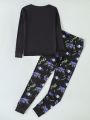 Boys' Cool Car Print Long Sleeve T-Shirt And Tight-Fitting Pajama Set With Pants