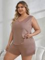 Plus Size V-Neck Tank Top And Shorts Casual Sleepwear Set