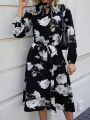 Women's Floral Printed Bow Tie Neckline Dress With Waist Cinched