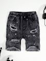 SHEIN Boys' Distressed Paint Spray Denim Shorts With Stone Washed Effect