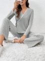 Casual Solid Color V-neck Top And Pants Two-piece Set