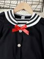 SHEIN Kids CHARMNG Little Girls' Contrast Stripe Navy Collar Dress With Bowknot Decoration
