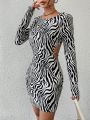SHEIN Essnce Women's Zebra Print Backless Long Sleeve Bodycon Dress