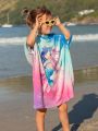 1pc Young Girls' Cute Mermaid & Unicorn Pattern Cover Up With Hood, Quick Dry