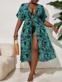 SHEIN Swim Vcay Plus Size Tropical Print Drawstring Waist Kimono Dress
