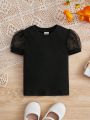 SHEIN Baby Girl Contrast Mesh Puff Sleeve Ribbed Knit Tee