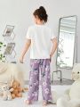 SHEIN Teenage Girls' Knitted Floral Patchwork T-shirt And Long Pants Leisure Homewear