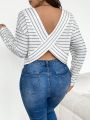 SHEIN Frenchy Plus Size Women's Striped Criss-cross Back T-shirt