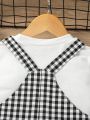 SHEIN Kids FANZEY Young Boy Round Neck Short Sleeve T-Shirt And Gingham Suspenders Jumpsuit Shorts 2pcs/Set