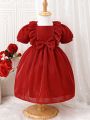 Baby Girls' Puff Sleeve Ruffled Hem Bowknot Formal Princess Dress For Performance, Party, Gift