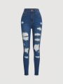 SHEIN Teen Girl Cut Out Ripped Distressed Raw Trim Skinny Cropped Jeans