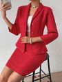 SHEIN Privé Valentine's Day/New Year Elegant Slim Fit Red Shawl Collar Long Sleeve Coat And Skirt Set For Women