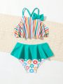 Baby Girls' Striped Tank Top With Bow Decoration And Ruffled Triangle Bottoms Bikini Swimsuit Set